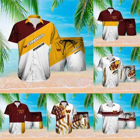 Washington Commanders Men's Short Sleeve Shirt Beach Loose Board Shorts 2PCS Set Cover