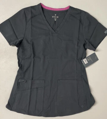 Med Couture TOUCH V 领小号衬衫尾部磨砂上衣 7549 短袖白镴灰色 — 第 1/4 张图片