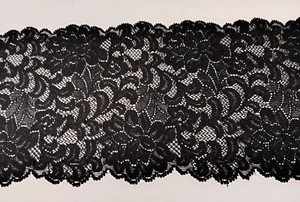 Schwarze Blumenmuster Stretch Spitzenborte 5,5" breit Zum Selbermachen Kleidung Handwerk Dessous - BTY - Bild 1 von 3