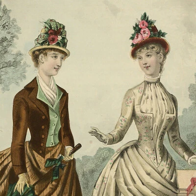 La mode illustrée Chapeau Fleurs Jardin Gravure Aquarelle originale 1885 - Photo 1/3