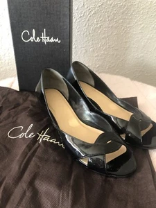 Cole Haan Women's Darleen Black Patent Leather Open Toe Wedge Heels Sz 8 - Picture 1 of 8