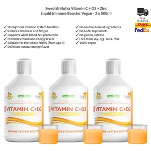 Swedish Nutra Vitamin C + D3 + Zinc Liquid Immune Booster, Vegan Formula 3x500ml - Picture 1 of 5