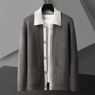 Fashion Splicing Knitted Cardigan Men 2024 Autumn Winter New High-End Brand Exqu - Image 1 of 4