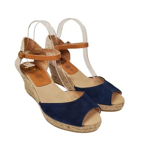 Kanna Women's Ankle Strap Wedge Espadrille 4207 Sandal Blue Suede Tan Sz 39 / 8 - Picture 1 of 15