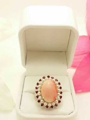 Estate Ruby Pearl Coral 18K White Gold Flower Cocktail Ring - RM73 - Image 1 of 4