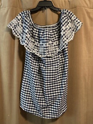 FOREVER 21 当代女式方格露肩迷你连衣裙中号-蓝色 — 第 1/4 张图片