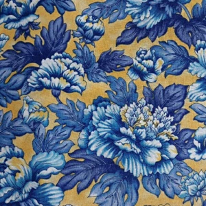3 YDS Cotton Fabric Fleurette Screen Print #592 Blue Floral on Yellow Benartex - Picture 1 of 5