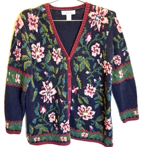 Vintage Women's L Floral Knit Cardigan 90s Grandma Core Cottagecore Sweater - Picture 1 of 4