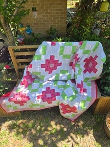 Pink And Green handmade quilt Square Pattern 57x72 Lap Quilt Twin Small Stains - Picture 1 of 7