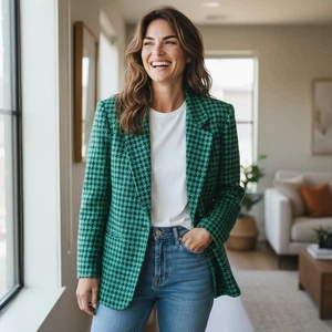 Blazer vintage grande pata de gallo verde azul marino talla 12 - Imagen 1 de 7