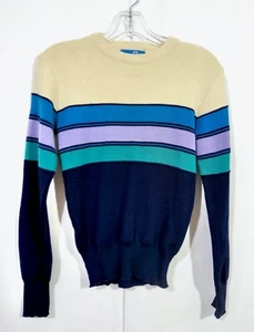 Vintage 70s Smooth Wool Cropped Sport Striped Ski Sweater S XS - Picture 1 of 4