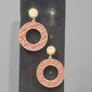 Dangle Hoop Earrings Gold Tone Mid Century Retro Modernist Boho Pierced 1.75" - Picture 1 of 10