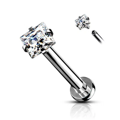 Square CZ Prong Set Surgical Steel Internal Threaded Labret Cartilage Piercing - Image 1 of 4