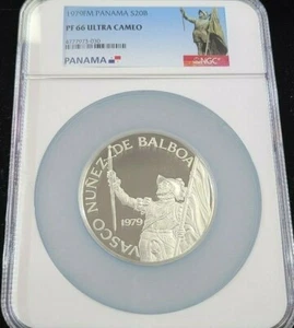 1979 PANAMA SILVER 20 BALBOAS VASCO NUNEZ NGC PF 66 ULTRA CAMEO BEAUTIFUL COIN - Picture 1 of 5