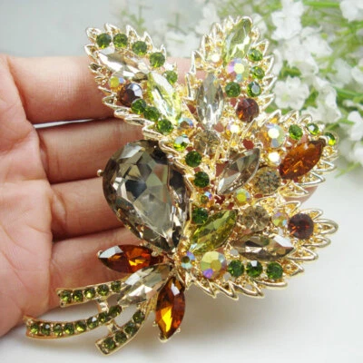 Broche prendedor colgante hoja flor cristal estrás marrón vintage para mujer Foto 1 de 4