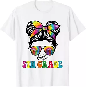 Hello 5th Grade Tie Dye Messy Bun Girl Back to School Kid T-Shirt Hoodie - Picture 1 of 17