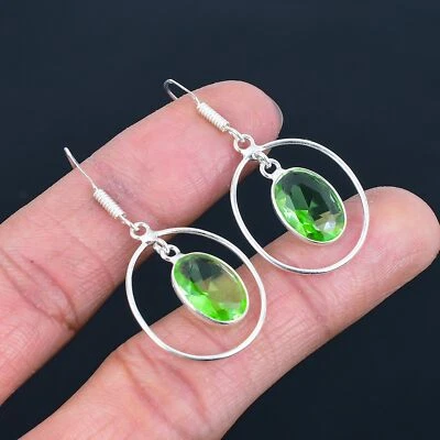 Brinco oval de prata esterlina 925 com ametista verde 1,7" VJ 403 - Imagem 1 de 4