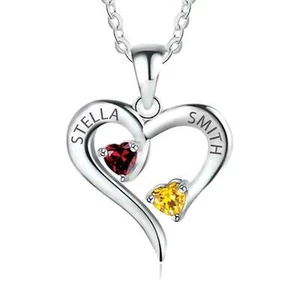 925 Sterling Silver Personalised Name & Birthstone Heart Shape Necklace For Gift - Picture 1 of 4