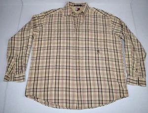 Vintage Tommy Hilfiger Plaid Shirt Size L 80s 90s Tommy Jeans Tan Button Front - Picture 1 of 12