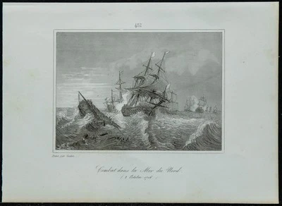 1845 - Bataille navale dans la Mer du Nord - Gravure ancienne - Guerre d'Espagne - Photo 1/4