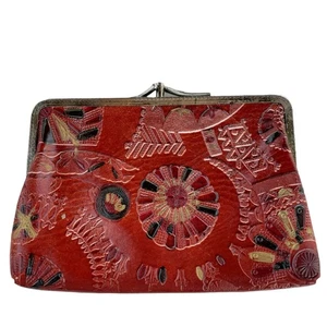 Vintage Clutch Purse Tooled 2 Compartment Avocado Green Velvet Lined Kiss Latch - Picture 1 of 10