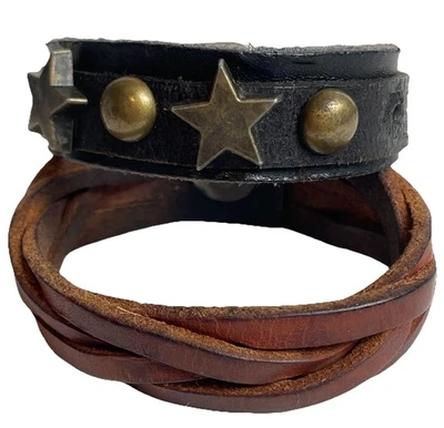 "2 brazaletes envolventes vintage de cuero genuino 7,5-8,5"" negro marrón hebilla a presión boho" Foto 1 de 4