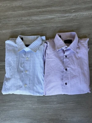 2- Camisas de vestir David Donahue abotonadas 17,5 32/33 cuadros azul púrpura Foto 1 de 4