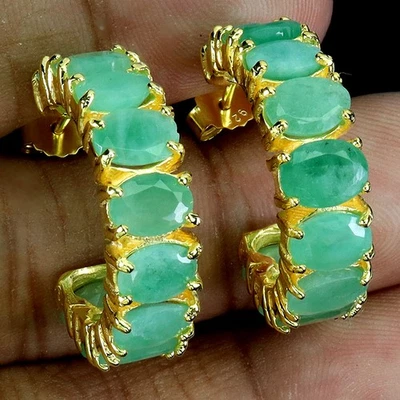 925 Sterling Silver Earrings Oval Emerald 7x5mm Natural Gemstone Jewelry - Image 1 of 4