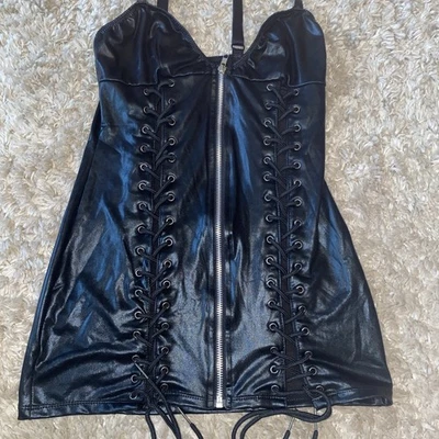 Ann Summers Leatherlook Front Zip & Side Lace Up Dress Size Small - Image 1 of 4