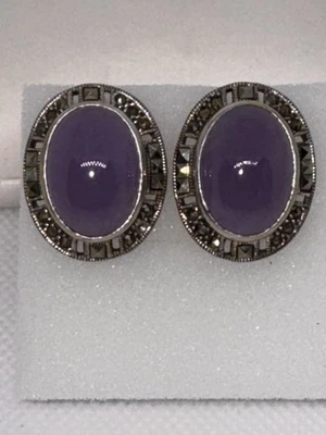 Aretes ovalados de plata de ley de vidrio púrpura marcasita 925 perforados 13,22 g Foto 1 de 4