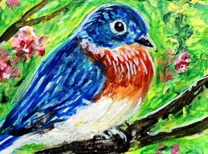 ORIGINAL ACEO PINTURA DE PÁJARO PÁJARO AZUL oriental primavera verano flor naturaleza ATC ARTE - Imagen 1 de 1
