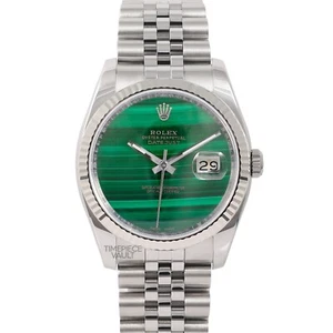 ROLEX MEN DATEJUST 116234 STEEL 36MM WATCH GREEN MALACHITE DIAL 18K FLUTED BEZEL - Picture 1 of 8