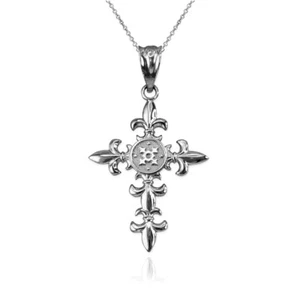 Sterling Silver Fleur de Lis Cross Pendant Necklace - Picture 1 of 10