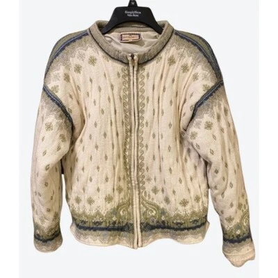 Suéter de lana forrado geométrico con cremallera completa pequeño verde crema Dale of Norway para mujer Foto 1 de 4