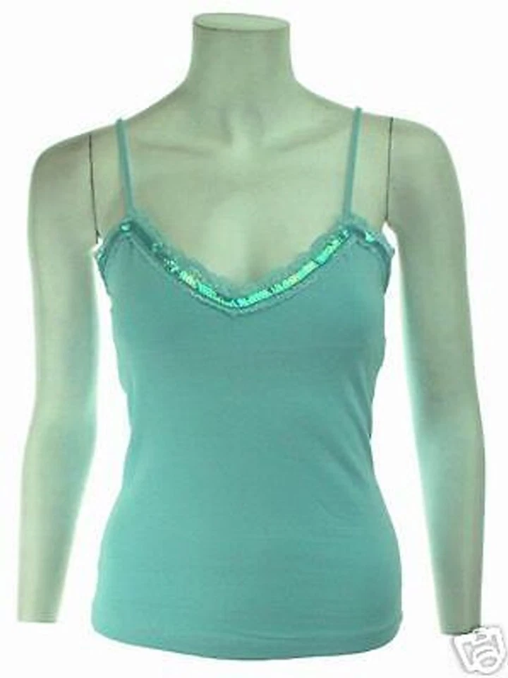 NUEVO BONITO BEBÉ AZUL CON RIBETE DE LENTEJUELAS CAMI TOP ESTANTE INCORPORADO SUJETADOR MUJER TALLA S Foto 1 de 1