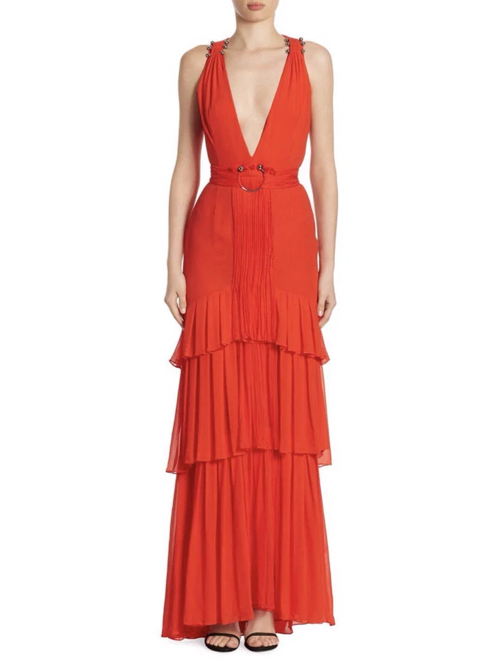Vestido Roberto Cavalli de seda Georgette cuello en V profundo en capas talla 42IT/6 precio de venta sugerido por el fabricante 4800 USD Foto 1 de 4