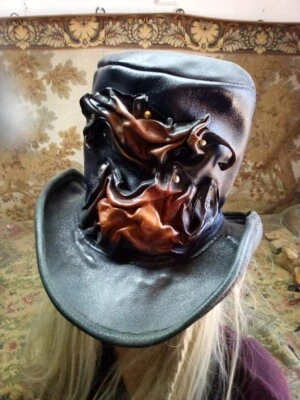 Real Leather Steampunk Top Hat With Molded Leather Applique Sz M-L Handmade OOAK - Image 1 of 4
