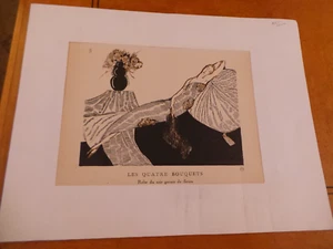 Stampa Pochoir Eduardo Benito Art Deco Les Quatre Bouquets Gazette du BonTon 1920 - Foto 1 di 6