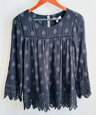 PALE SKY Size Medium Black Peasant Blouse with Crocheted Lace Trim & Embroidery - Image 1 of 4