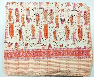Indian Cotton Hand Block Fish print Bedding Bedspread Throw Kantha Quilt Blanket - Picture 1 of 7