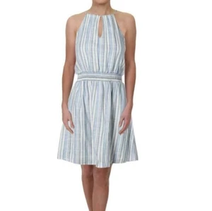 Damenkleid Aqua L blau gestreift Neckholder knielang Leinen gebraucht, in einwandfreiem Zustand - Bild 1 von 9