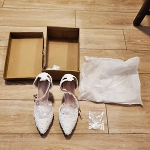 Crystal Queen Women's High Heels Wedding Bridal Lace & Pearls Shoes Size 39/7.5 - Picture 1 of 7