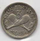 NEW ZEALAND, 1935, THREE (3) PENCE, SILVER . CHOICE VERY FINE,  KM-1