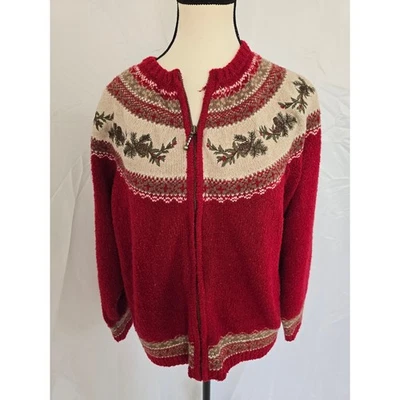 Cardigã suéter Croft & Barrow feminino pinha vermelha ilha justa com zíper GG - Imagem 1 de 4