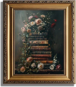 Framed Vintage Floral Wall Art - Moody Flowers Books Art Oil Painting, Vintage W - Picture 1 of 12
