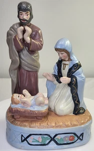 Holy Family Nativity Figurine Ceramic Joseph Mary Baby Jesus Glazed Blue GT Vtg - Picture 1 of 11