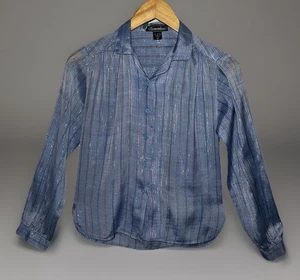 Vintage 70er 80er Promotions Bluse blau gestreift Regenbogen Metallicfaden Gr. M - Bild 1 von 14