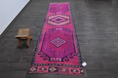 Vintage Turkish Runner Rug 3x11ft Wool Anatolian Handmade Hallway Oushak PINK - Image 1 of 4