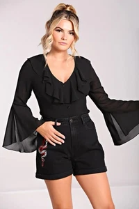 BNWT Hell Bunny Jamie Blouse Black Uk 16 - Picture 1 of 3