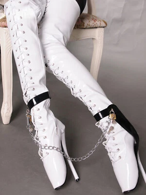 Botas de ballet sobre la rodilla con cordones de tacón de aguja de 18 cm de alto para mujer con cremallera club nocturno Foto 1 de 4